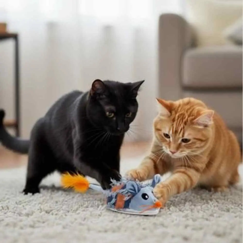 Jouet interactif pour chat PurrPerfect : souris bleue à pompon orange, manipulée par deux chats