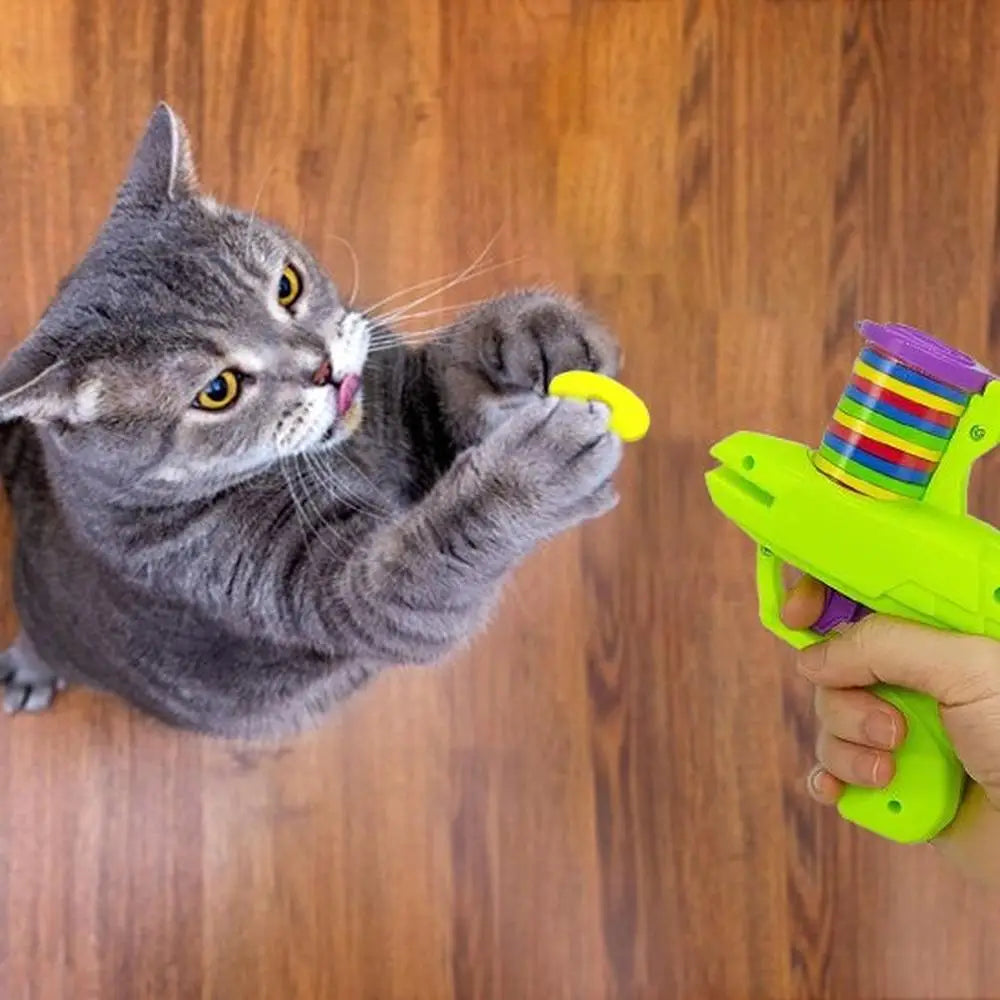 Pistolet lance-disques pour chat vert lime, tambour arc-en-ciel, disque jaune