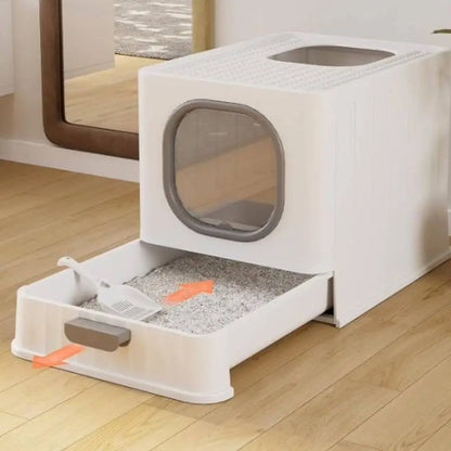 Bac à litière pour chat Ultra-Resist blanc, double accès, hublot ovale gris et marchepied.