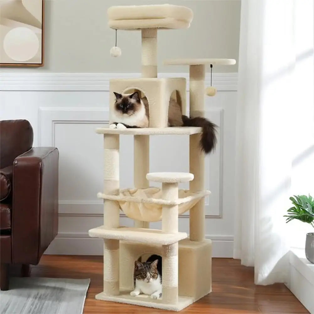 Arbre à chat multi-niveaux beige clair : plateformes, maison et boules pendantes