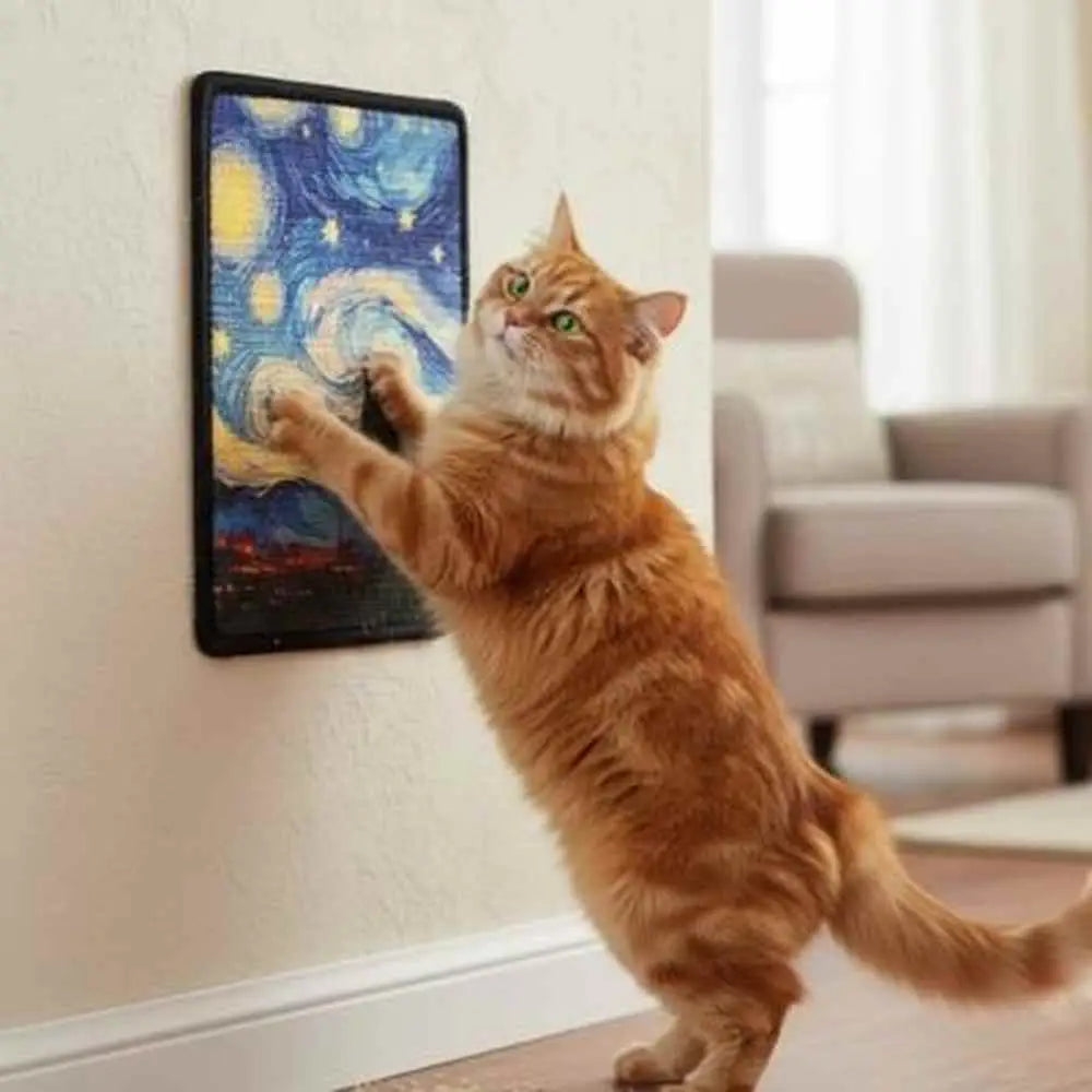 Griffoir mural pour chat, cadre noir avec illustration nuit, chat roux qui griffe