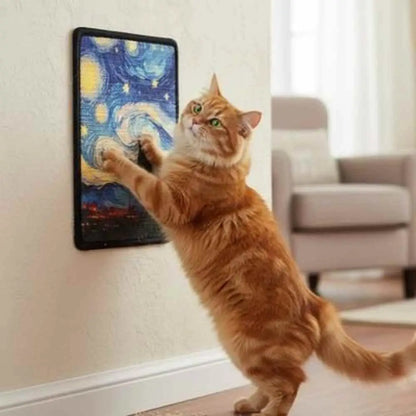 Griffoir mural pour chat, cadre noir avec illustration nuit, chat roux qui griffe