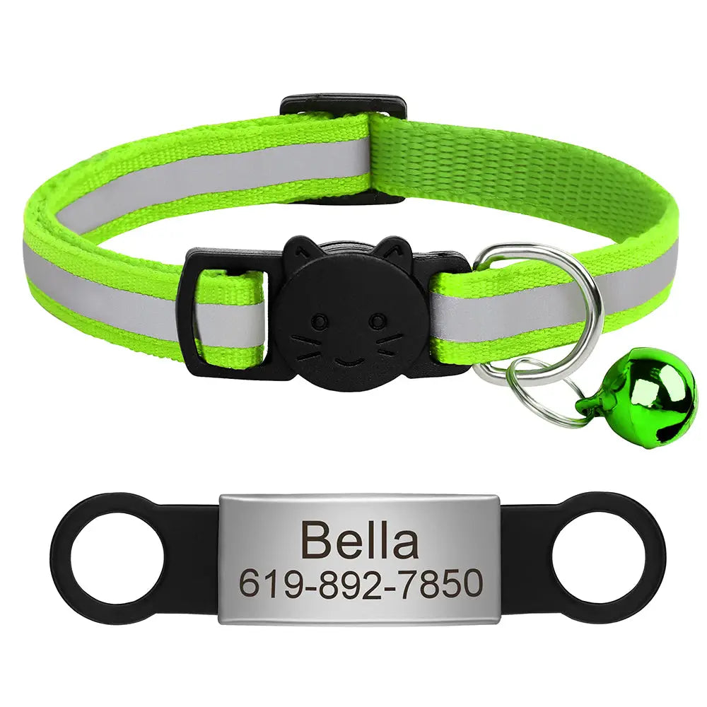 Collier chat vert avec clochette et plaque « Bella »