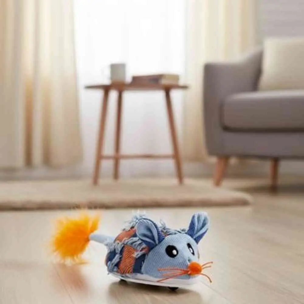 Jouet interactif pour chat PurrPerfect : souris en tissu bleu, museau orange et pattes en tissu