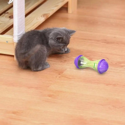 Jouet pour chat Instinct Félin bouteille verte translucide aux embouts violets près du sol
