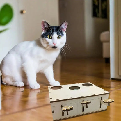 Jouet interactif CatWhack™ en bois clair, chat près du jouet à trous ronds