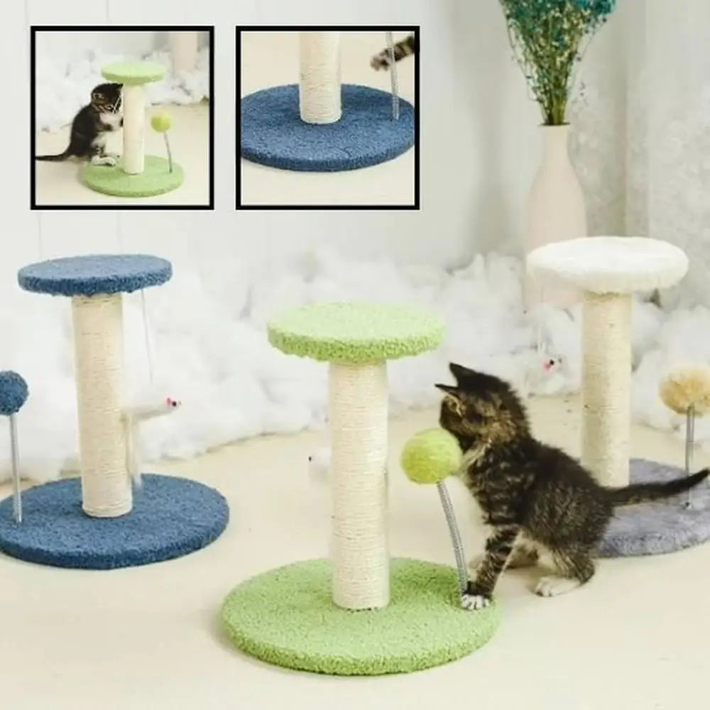 Griffoir pour chat ProtectoFelin avec plateformes bleue et verte, poteaux en sisal, jouets