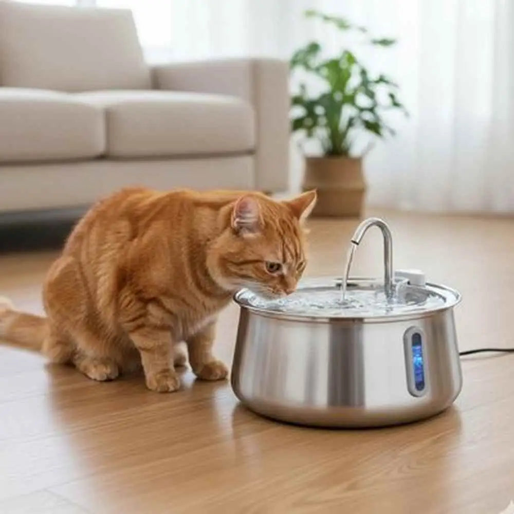 Fontaine à eau pour chat en inox 304, cuvette ronde et jet avec voyant lumineux