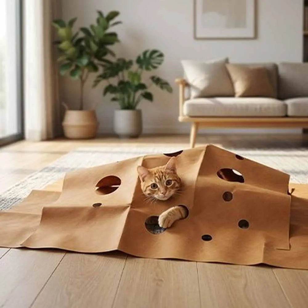 Tapis pour chat en carton brun plié avec ouvertures ovales et rondes, chat tigré.