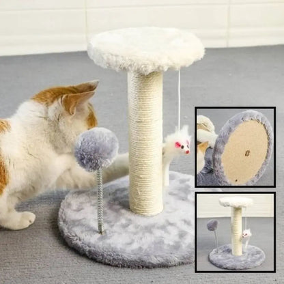 Griffoir pour chat ProtectoFelin base ronde grise, poteau en sisal blanc et balle pendante