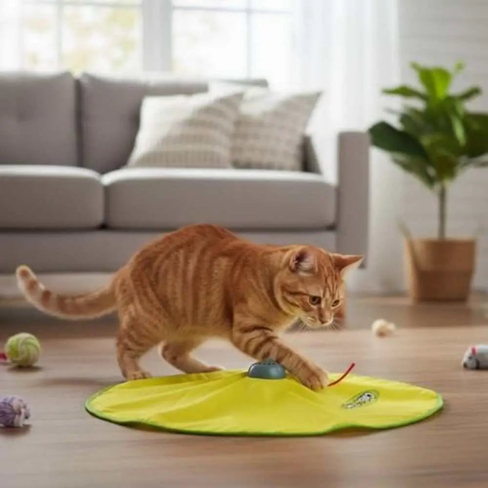 Tapis de jeu interactif pour chat jaune avec balle grise et ficelle rouge