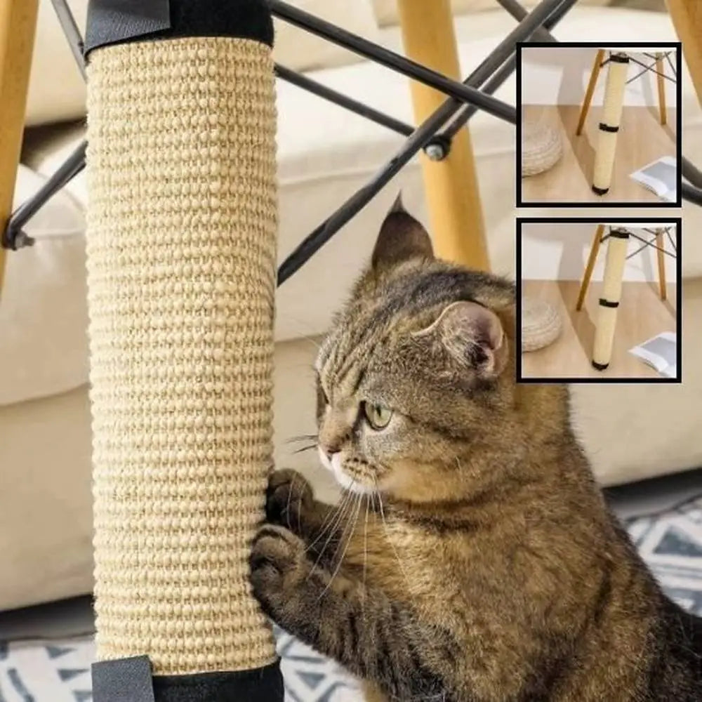 Griffoir pour chat en sisal beige, embouts noirs, chat tigré près du poteau
