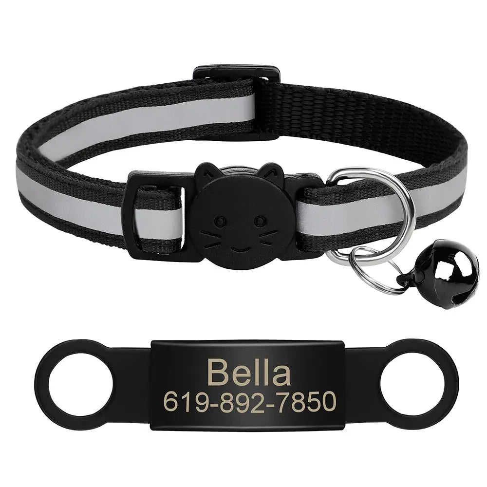 Collier pour chat réfléchissant noir, pendentif chat, clochette et plaque « Bella ».
