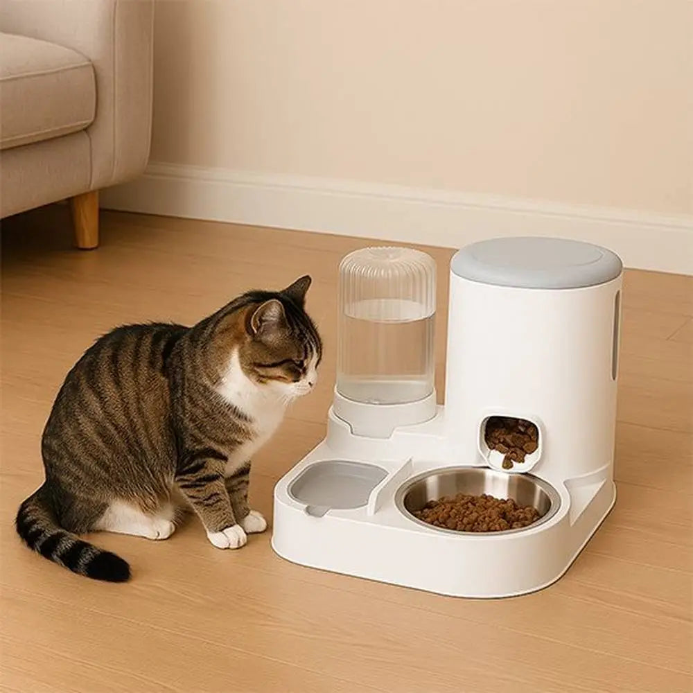 Distributeur de croquettes blanc sur socle, trémie transparente et trappe de sortie