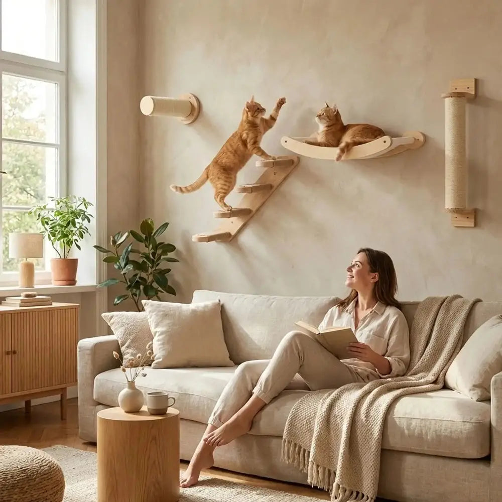 Arbre à chat mural en bois avec plateformes et hamac, plusieurs niveaux pour grimper
