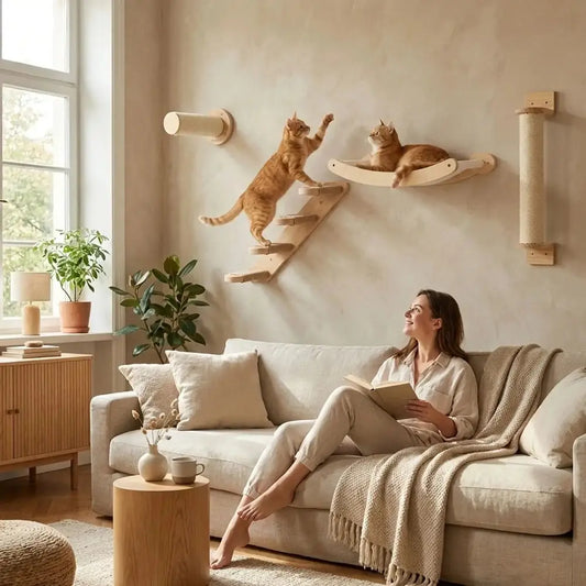 Arbre à chat mural en bois avec plateformes et hamac, plusieurs niveaux pour grimper