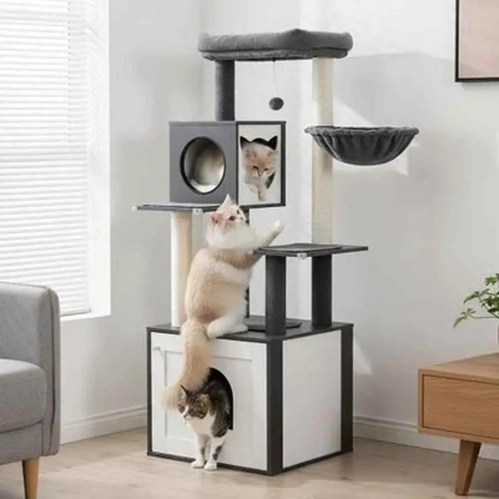 Arbre à chat en bois avec hamac gris, poteaux blancs à griffer et cabines blanches.
