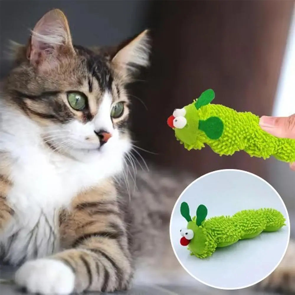 Jouet interactif pour chat en peluche verte, souris blanche à nez rouge, texture à mâcher.