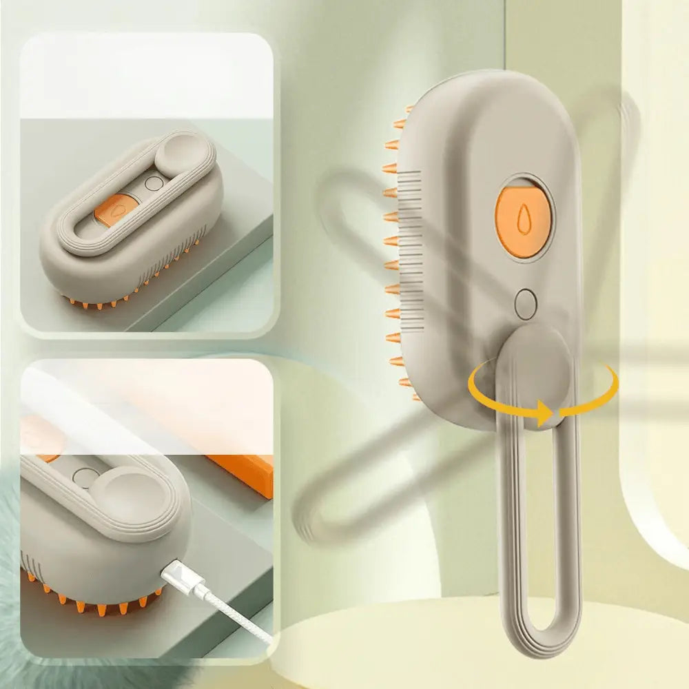 Brosse pour chat 3-en-1 beige : tête orange et mécanisme d’ouverture/arrêt visible