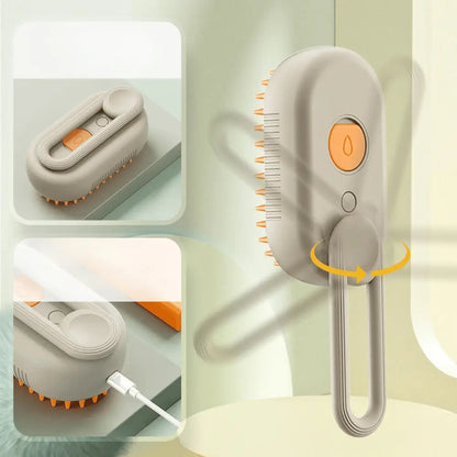 Brosse pour chat 3-en-1 beige : tête orange et mécanisme d’ouverture/arrêt visible