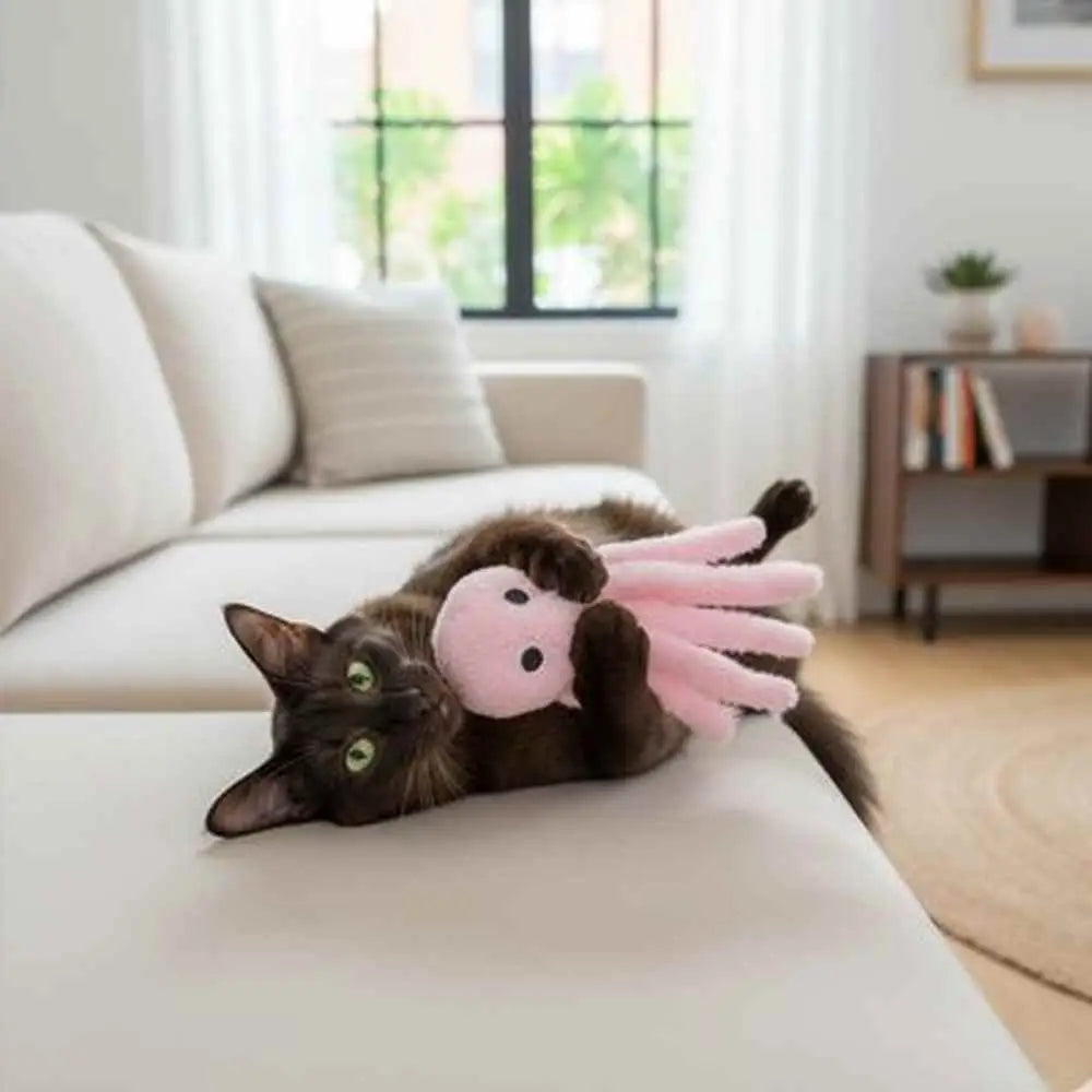 Peluche pieuvre interactive rose et violette, en interaction avec un chat noir