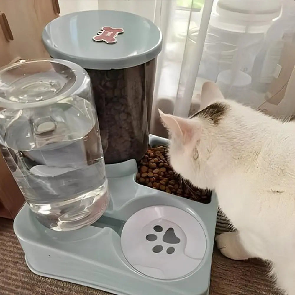 Distributeur de croquettes pour chat gris clair, base avec bol et trémie transparente