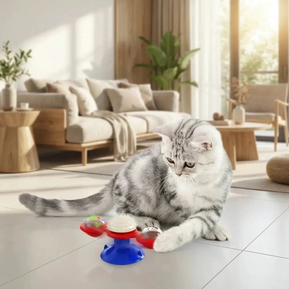 Moulin à vent pour chat, jouet rouge et bleu avec pics et coupelles transparentes
