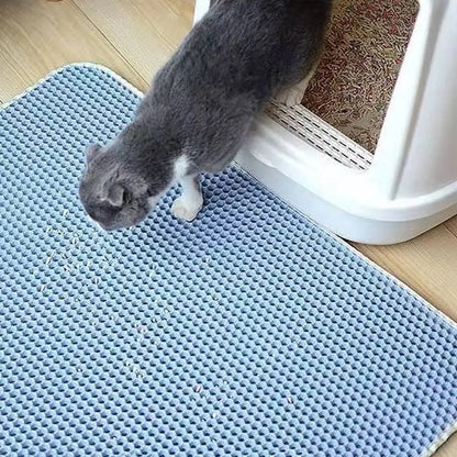 Tapis de litière pour chat double couche imperméable, alvéoles bleu clair (vue rapprochée)