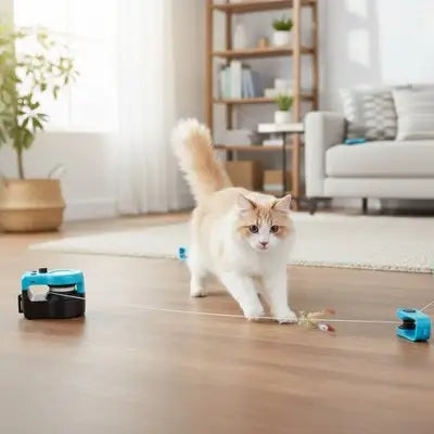 Jouet pour chat Stimul'Active bleu-noir avec accessoires, chat blanc en train d’avancer