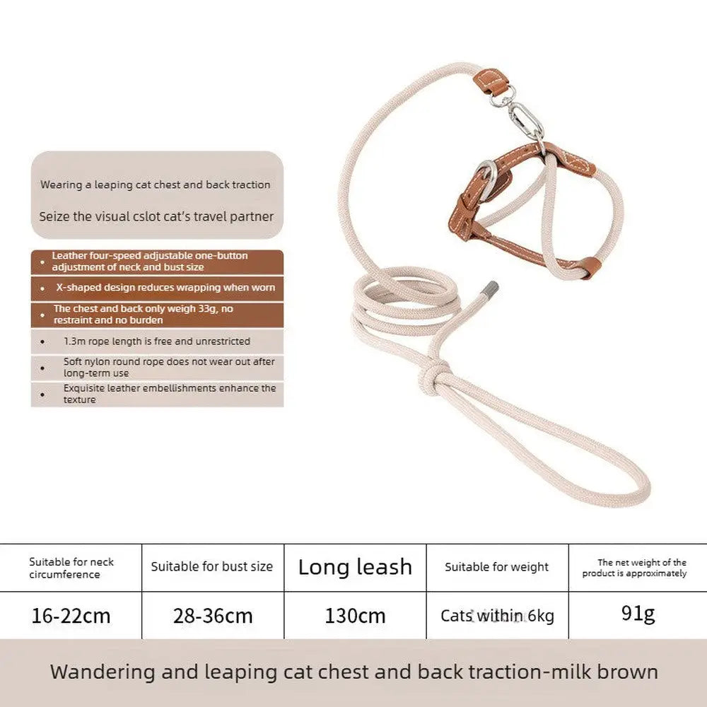 Harnais léger pour chat : laisse beige et tour de cou en cuir marron
