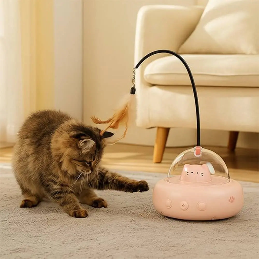 Boule automatique rose pour chat avec plume et dôme transparent, base ronde
