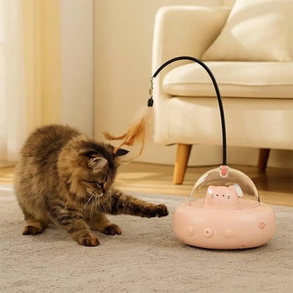 Boule automatique rose pour chat avec plume et dôme transparent, base ronde