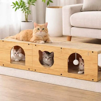 Griffoir pour chat en bois clair, plusieurs ouvertures pour chats et tapis gris