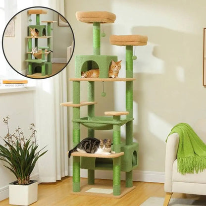 Arbre à chat multi-niveaux vert avec plateformes, maison et coussin en haut
