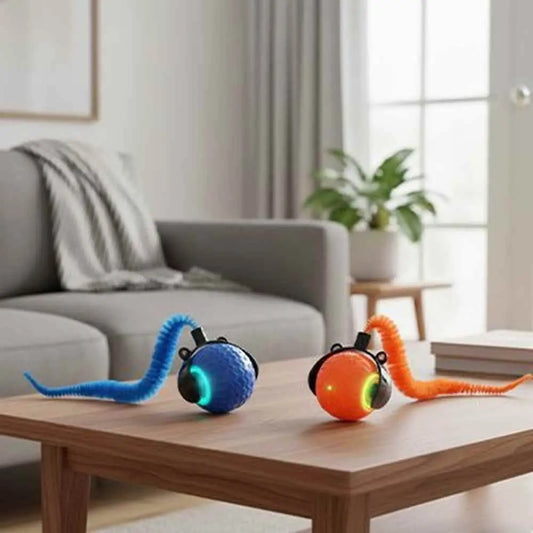 Balles interactives de chat Autonome bleue et orange, queue souple lumineuse