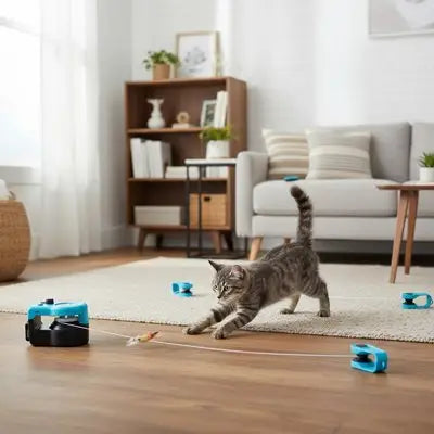 Jouet pour chat Stimul'Active, boîtier bleu-noir avec accessoires au sol