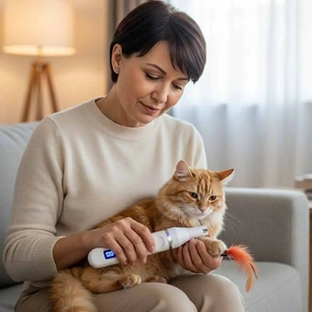 Tondeuse pour chat sans fil blanche avec écran LED, tenue sur le corps du chat