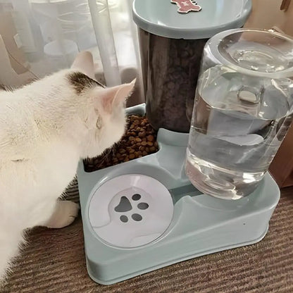 Distributeur de croquettes pour chat gris clair, base avec bol rond à motif patte