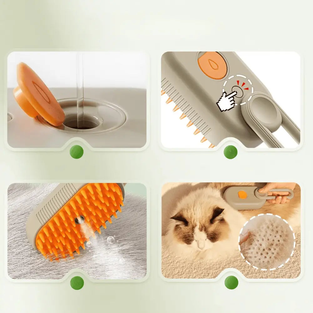 Brosse pour chat 3-en-1 avec tête orange, ajout d’eau et coussin pour vapeur