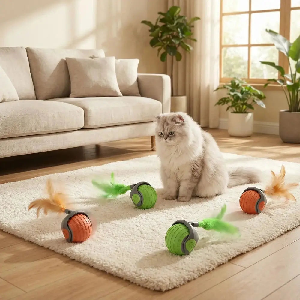 Lot de balles interactives pour chat vertes et rouges, languettes visibles