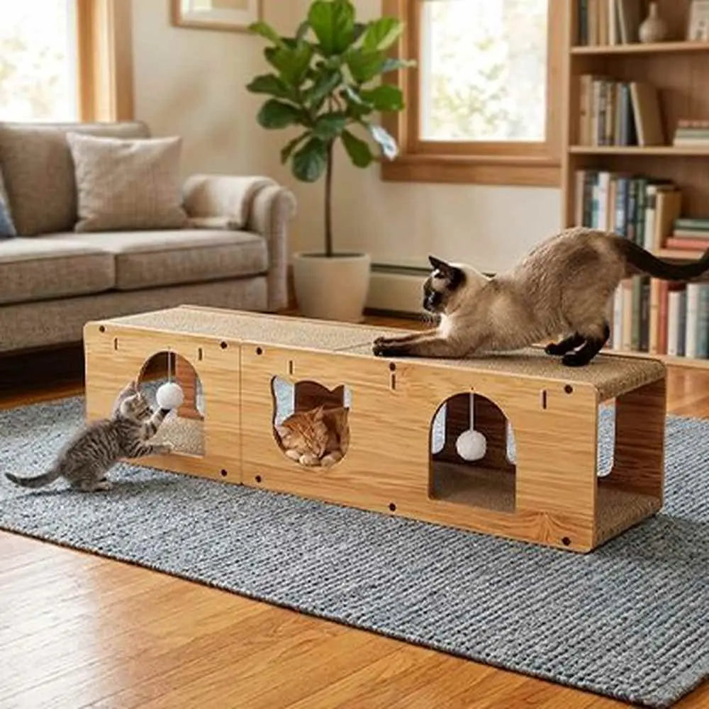 Griffoir pour chat en bois clair avec ouvertures rectangulaires et tapis, chats allongés