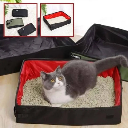 Bac à litière pour chat noir avec intérieur rouge, housses latérales compactes.