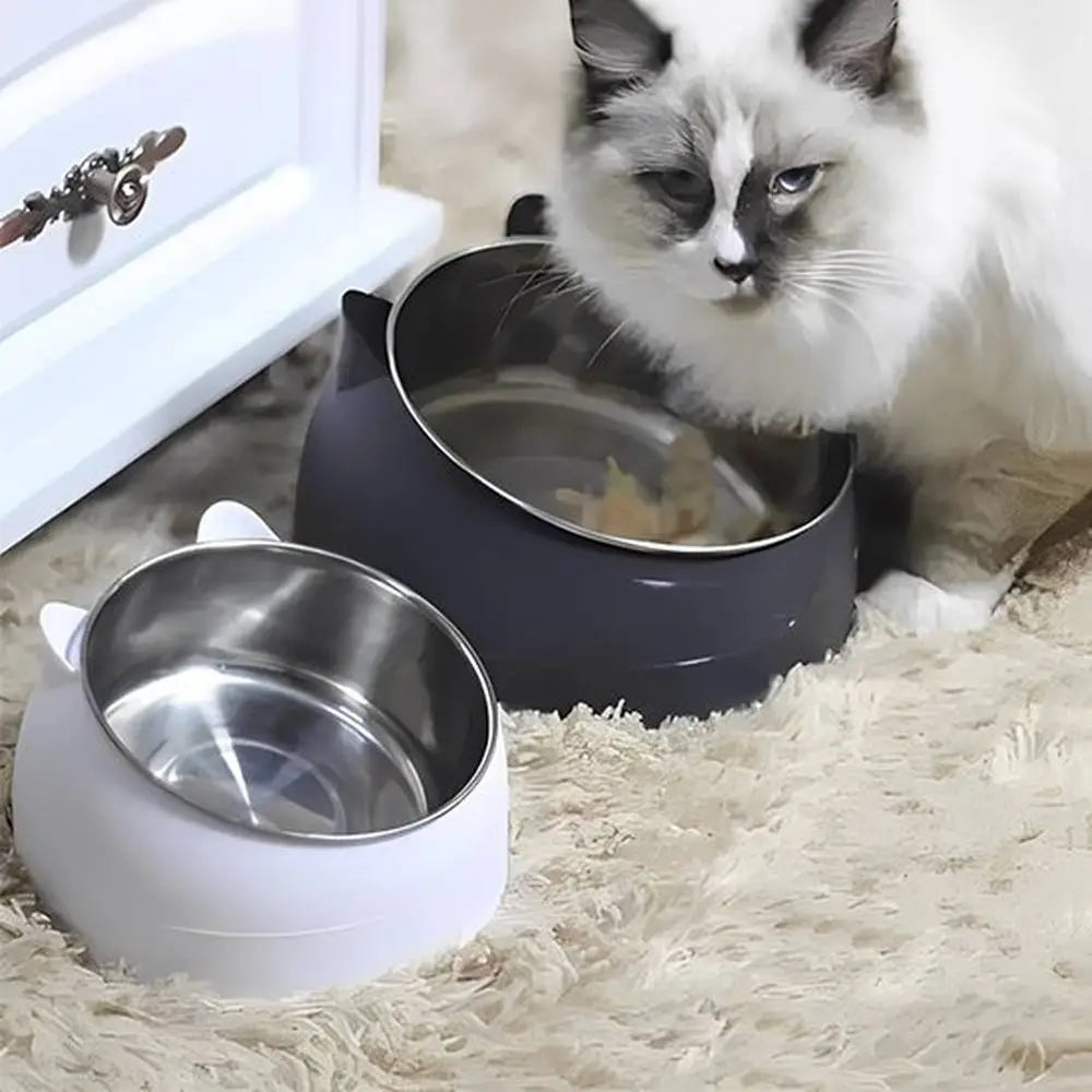 Gamelles pour chat ergonomiques : base noire et base blanche, bols en acier inox.
