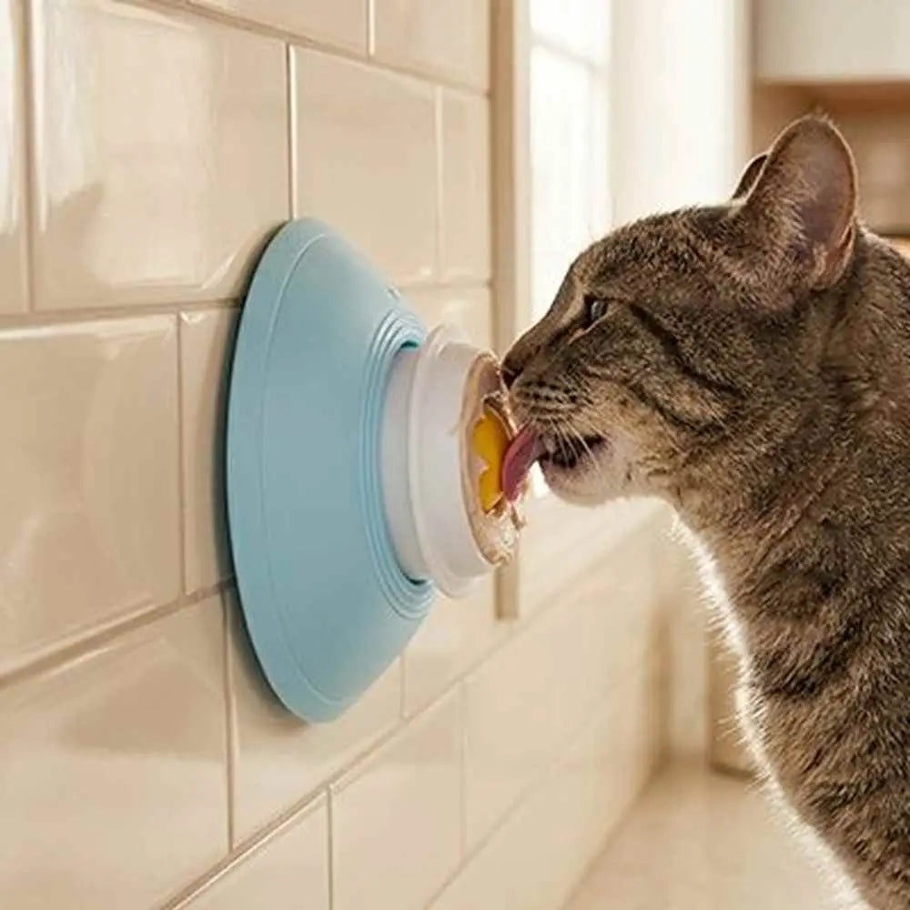 Gamelle anti-glouton chat bleu clair fixée au mur, couvercle blanc et insert jaune.