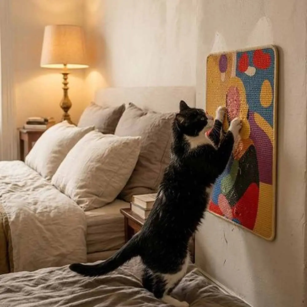 Tapis griffoir mural pour chat, motifs multicolores sur plaque rectangulaire avec cadre jaune.