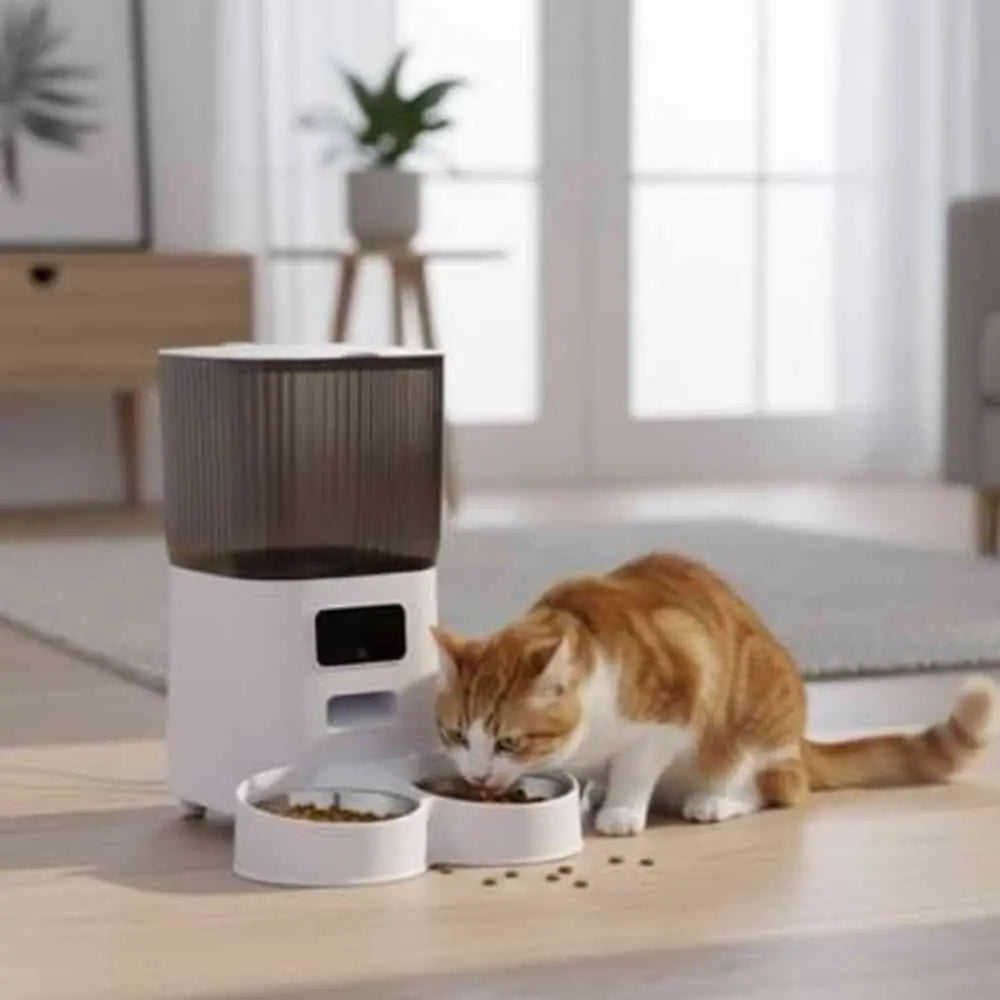 Distributeur de croquettes pour chat AutoFeeder blanc avec deux gamelles; chat tigré mange