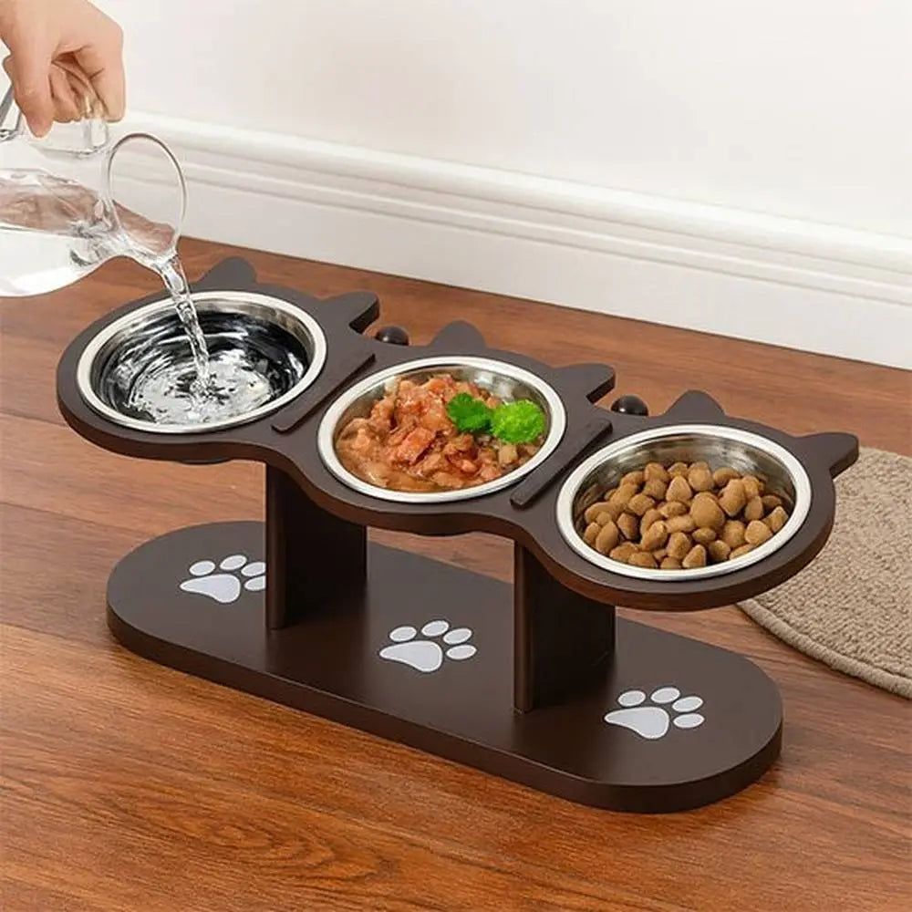 Gamelle chat surélevée DigiConfort avec 3 bols inox, support noir et motifs pattes