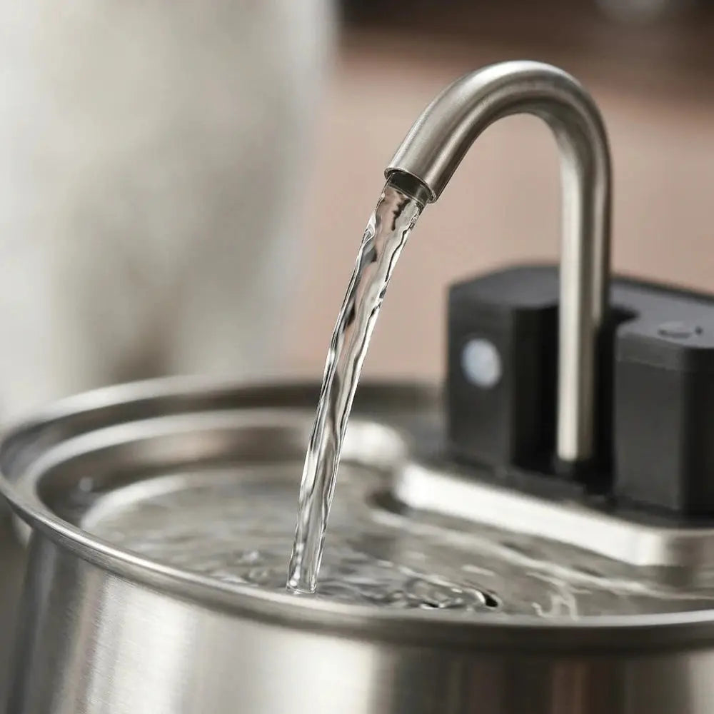 Fontaine à eau inox pour chat, bec verseur avec filet d’eau entrant dans le réservoir