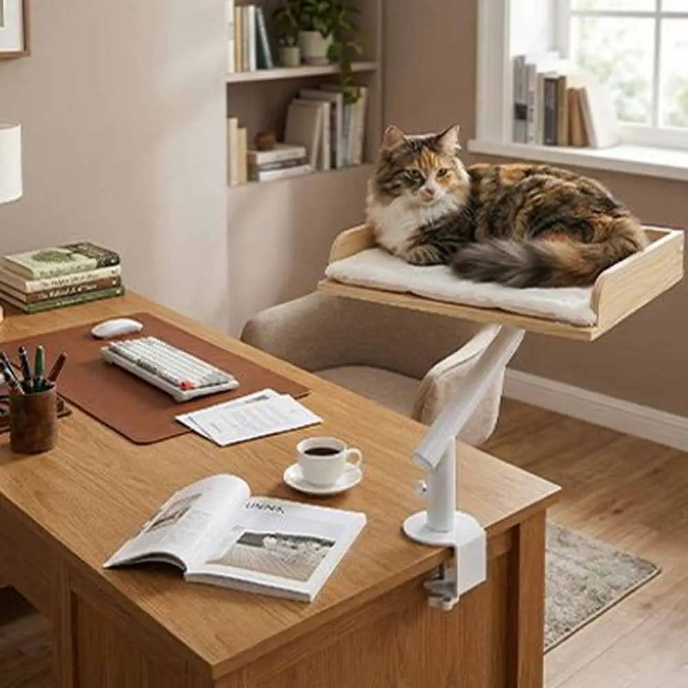 Lit pour chat en bois clair sur pied blanc, coussin clair, plateforme large
