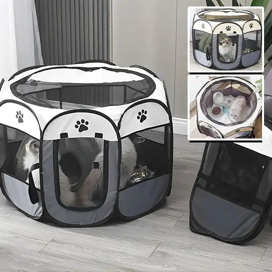 Parc pour chat pliable noir et blanc en maille, grande porte transparente et motifs pattes.